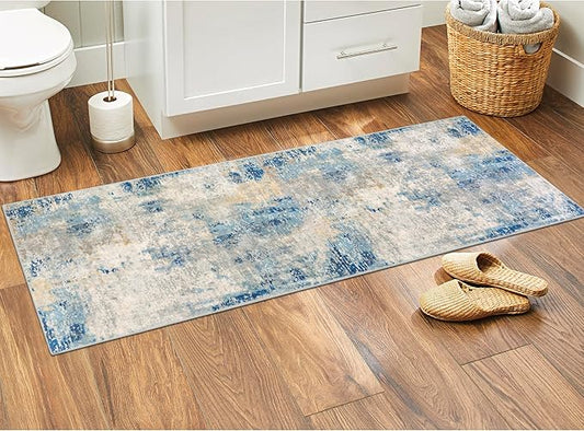 Lahome Modern Abstract Blue Bathroom Rug, 2x6 Washable Long Hallway Rug Soft Non Slip Blue Floor Accent Carpet Runner for Entryway Kitchen Laundry Room Doorway Bedroom