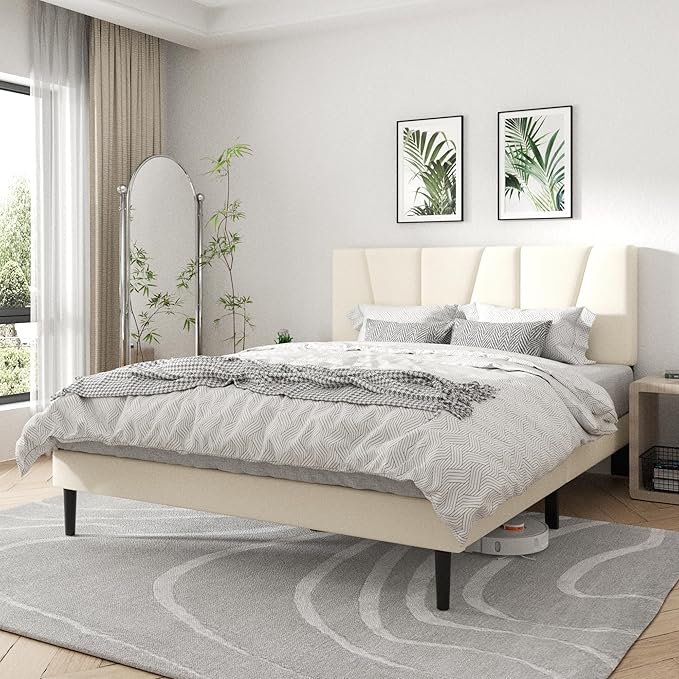Queen Size Platform Bed Frame with Geometric Upholstered Headboard, Noise Free, Wooden Slats Support, No Box Spring Needed, Easy Assembly, Beige, Velvet