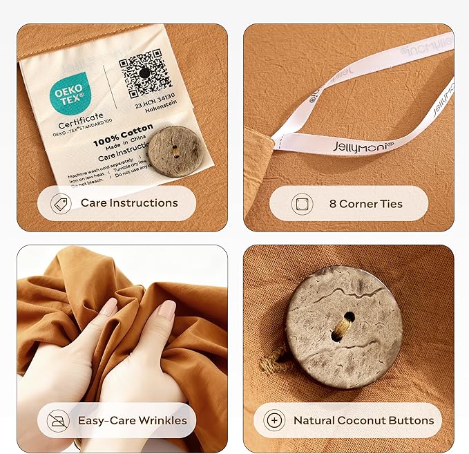 JELLYMONI 100% Washed Cotton Duvet Cover Queen – Soft, Breathable Linen-Look Bedding with Natural Wrinkle Texture, Button Closure, 3-Piece Set (Amber Orange, 90"x90")