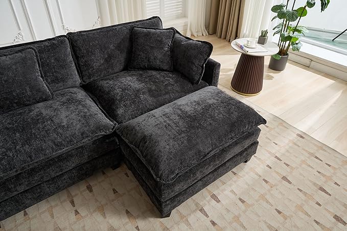 SoarFlash 113.78" Chenille Sectional Sofa, Comfy Modular Loveseat Sofa, Modern 3-Seat Couch Deep Seat Sofa Set for Living Room,Black