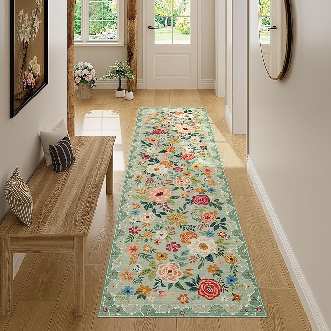 DUKINO Runner Rug, 2x7 Boho Kitchen Rug for Hallways with Low Pile Design, Washable Non Slip Backing Soft Floral Runner for Kitchen, Hallway, Entryway, Bedroom, Laundry, Green