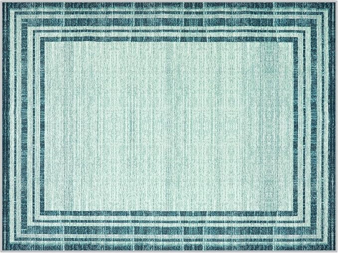 Lahome Abstract 9x12 Area Rug for Living Room, Washable Teal Rugs for Living Room Low-Pile Bedroom Rug, Minimalist Border Stain Resistant Large Room Carpet for Dining Room Kids Playroom