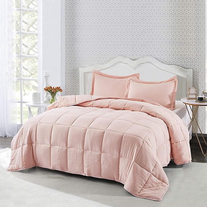 HIG 3pc Prewashed All Season Down Alternative Comforter Duvet Insert -Quilted Comforter with Corner Tabs -Box Stitched -250GSM Fiberfill Chic Farmhouse Style Bedding(Twin,Peach Pink)