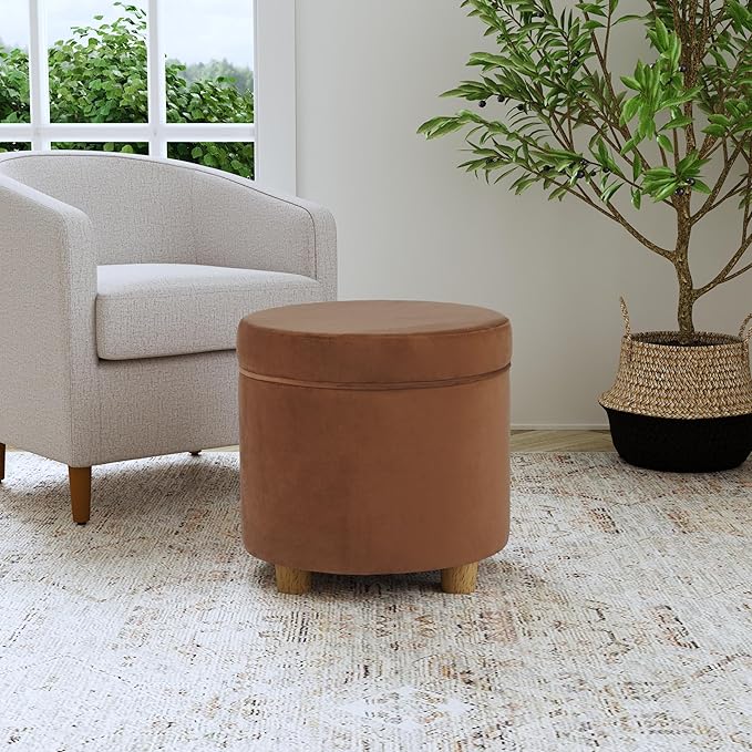 HomePop Home Decor | Upholstered Round Storage Ottoman | Ottoman with Storage for Living Room & Bedroom, Spice Orange Velvet Large