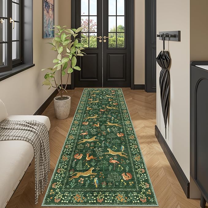 DUKINO 2x10 Rug for Hallway, Washable Kitchen Runner Rug with Non Slip Backing, Soft Low Pile Vintage Animal Runner for Bedroom, Kitchen, Hallway, Entryway, Laundry, Green