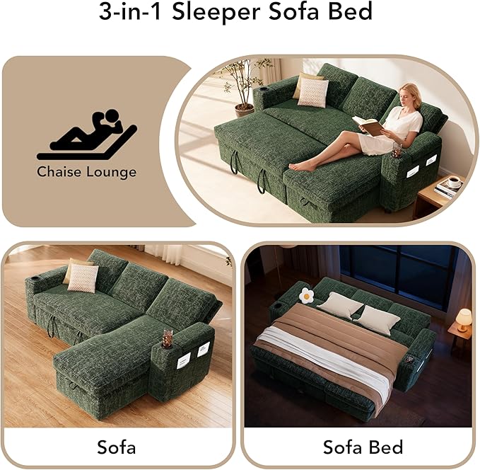 Sunny Heart L-Shaped Sleeper Sofa with Pull Out Bed, 82" Sectional Couch with Reclining Backrest, Reversible Storage Chaise, Armrest Storage, Cup Holders, Side Pockets, Tool-Free Assembly, Green