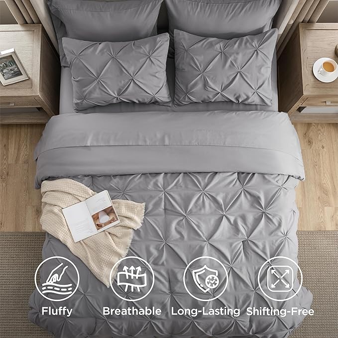 Bedsure California King Comforter Set Grey - Bed in a Bag Cal King Bedding Set 7 Pieces, GentleSoft™ Pintuck Bed Set Gift for Family, Pinch Pleat Grey Comforter with Sheets, Pillowcases & Shams