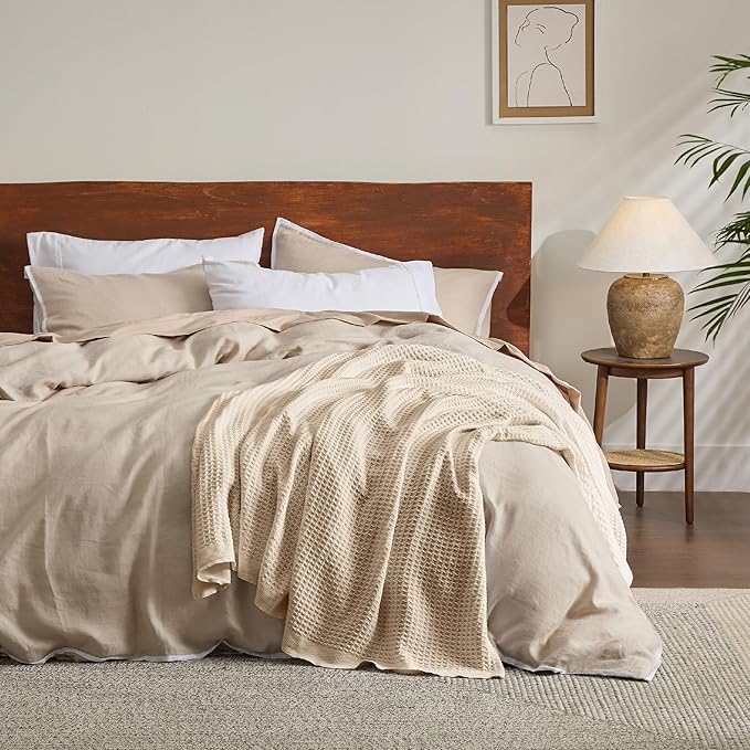 Bedsure Gentlesoft 100% Cotton Blanket King Size for Bed - Breathable and Soft, Thick Cozy Waffle Weave Christmas Blanket Gift for Women, Yellowish Cream, 104x90 inches