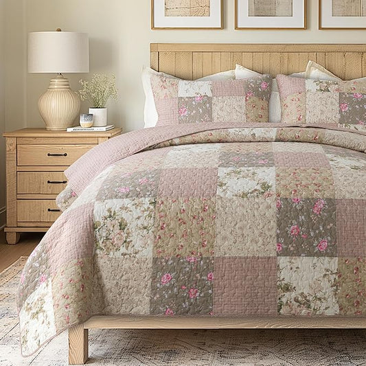 SLPR Secret Garden Patchwork Cotton Pieced Quilt Set - Queen with 2 Shams, Country Shabby Chic Bedding with Flower Pattern, Pink Floral Farmhouse Quilted Bedspread for All Seasons