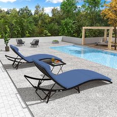 Patio Chaise Lounge Set 3 Pieces Pool Lounge Chairs,Cushioned Outdoor Folding Lounge Chair w/Rattan Adjustable Backrest for Poolside Porch,Folding Table Included,NavyBlue