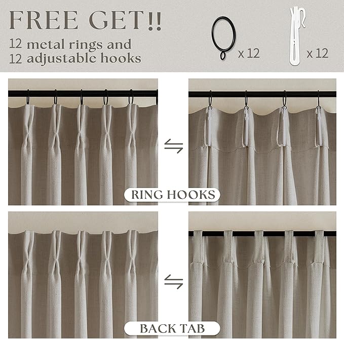 Pinch Pleat Linen Curtains 108 Inches Long 70 Inch Wide for Patio Sliding Door Light Filtering Semi Sheer Pleated Drapes Back Tab Burlywood Taupe Extra Wide 70 x 108 Curtain for Living Dining Room