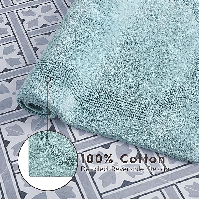 Laura Ashley - Reversible Cotton Bath Mat, Premium Bathroom Décor, Machine Washable Bathroom Rug, Highly Absorbent, 17"x24"/20"x32" 2-Piece Set, Aqua