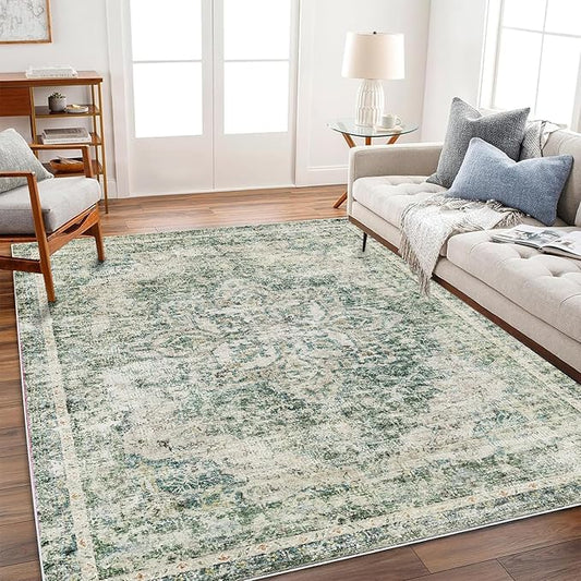 Area Rug 5'x7' Washable Rug Vintage Traditional Floor Cover Thin Retro Kitchen Indoor Distressed Non Slip Carpet for Living Room Bedroom Dining Room