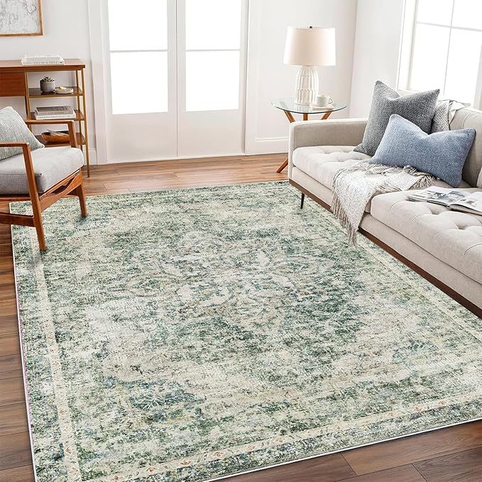 Washable Area Rug 3'x5' Vintage Traditional Floor Cover Foldable Thin Rugs Retro Kitchen Indoor Distressed Non Slip Carpet Floral Print Mat Bedroom Living Room