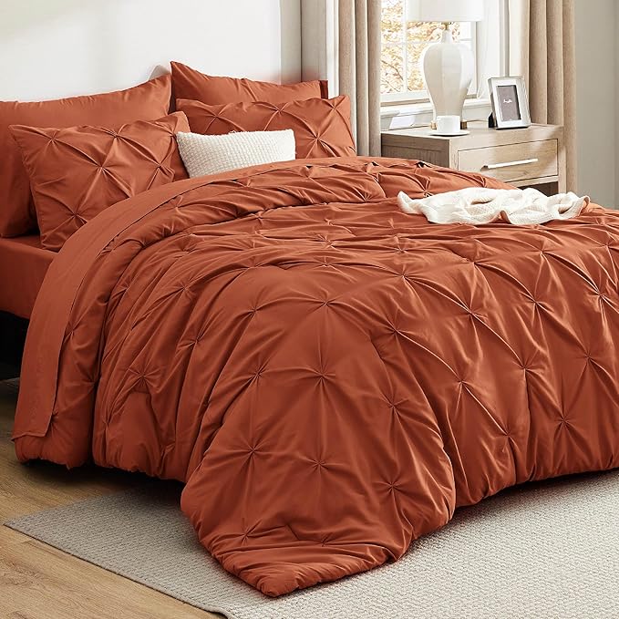 Bedsure King Size Comforter Set Burnt Orange - Bed in a Bag Bedding Set 7 Pieces, GentleSoft™ Pintuck Bed Set Gift for Family, Pinch Pleat Burnt Orange Comforter with Sheets, Pillowcases & Shams