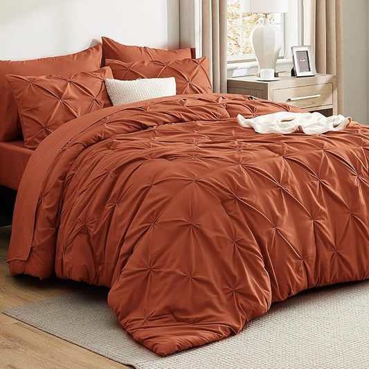 Bedsure King Size Comforter Set Burnt Orange - Bed in a Bag Bedding Set 7 Pieces, GentleSoft™ Pintuck Bed Set Gift for Family, Pinch Pleat Burnt Orange Comforter with Sheets, Pillowcases & Shams