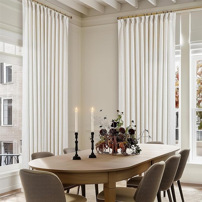 102 Inch Long Curtains Extra Wide 70 Inch Width Pinch Pleat Linen Curtains for Living Room Cream Light Filtering Privacy Pleated Hooks Rings Back Tab for Sliding Door 1 Panel