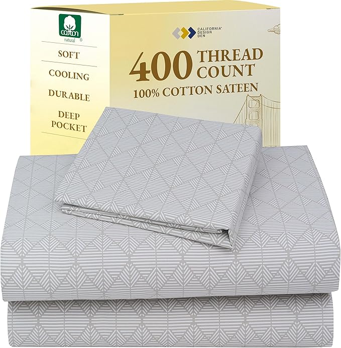 California Design Den Printed Twin XL Sheet Sets - 400 Thread Count, Natural 100% Cotton Sateen, Deep Pocket Extra Long Twin Sheets Set, and Durable Bedding Set - Taupish-Sage Crosshatch CaliforniaDesignDen