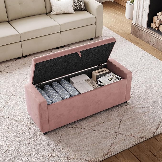 LINSY 50 Inches Wide Storage Ottoman Bench, Upholstered Foot Rest Stool, Long Bench Footstool, Couch Ottoman, Ottomans for Living Room, Entryway, End of Bed Storage Bench for Bedroom (Pink)