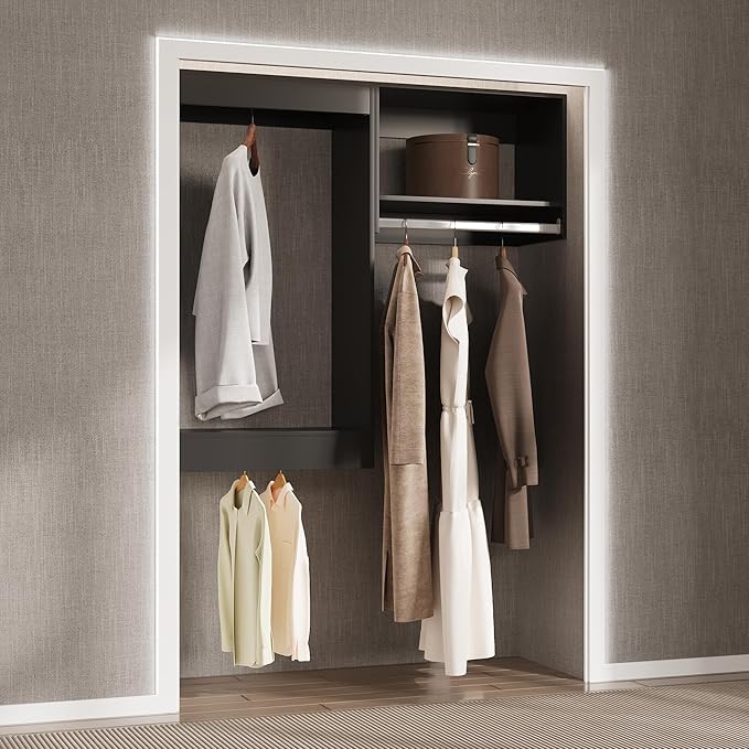 Modular Closet Organizer, 49" Wide with Hanging, Wood Tower Storage for Walk-in Closet, Wall-Mounted Wardrobe Organizer Kit, Black