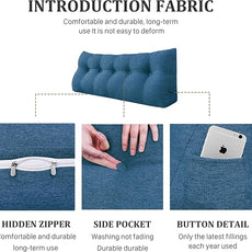 11 lbs Thickened Headboard Pillow Wedge Pillow Headboard Reading Pillow Bed for Comfortable Backrest Reading Triangular Pillow with Side Pocket for Sitting in Bed Cotton Linen Blue Queen