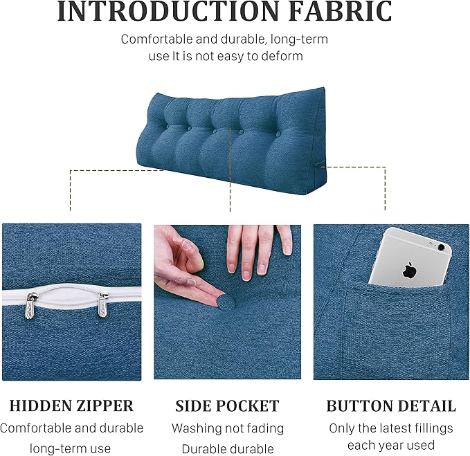 11 lbs Thickened Headboard Pillow Wedge Pillow Headboard Reading Pillow Bed for Comfortable Backrest Reading Triangular Pillow with Side Pocket for Sitting in Bed Cotton Linen Blue Queen