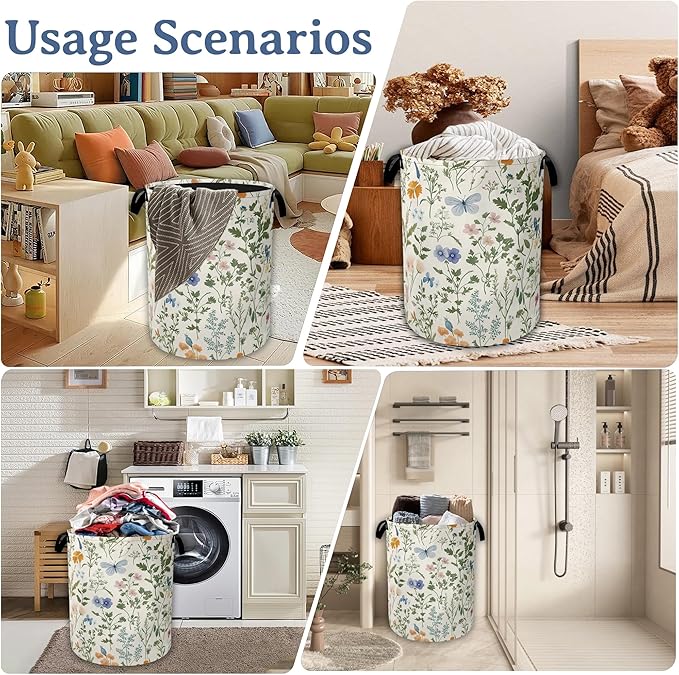 Wildflowers Laundry Hamper With Handle,Foldable Oxford Cloth Vintage Plants Herb Flower Butterfly Laundry Basket,20.8"x16" Clothes Storage Basket for Laundry Room/Bedroom/Bathroom
