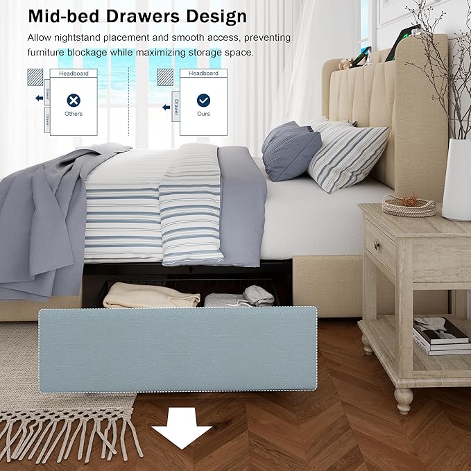 Full Size Bed Frame with 4 Storage Drawers, Upholstered Platform Bed with Charging Station, Modern Wingback Storage Headboard, Easy Assembly,Noise-Free, Beige