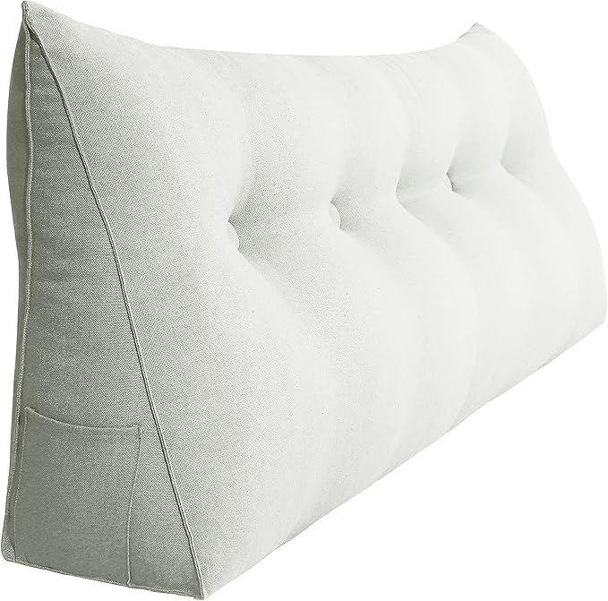 11 lbs Thickened Queen Headboard Pillow Wedge Pillow Headboard Reading Pillow Bed for Comfortable Backrest Reading Triangular Pillow with Side Pocket for Sitting in Bed Cotton Linen White
