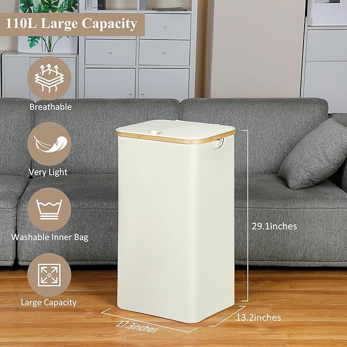 Laundry Basket with Lid, 110L Large Laundry Hamper with Handle and Lid, Collapsible Clothes Basket Organizer with Removable Inner Bag for Clothes Toys Towels - Beige
