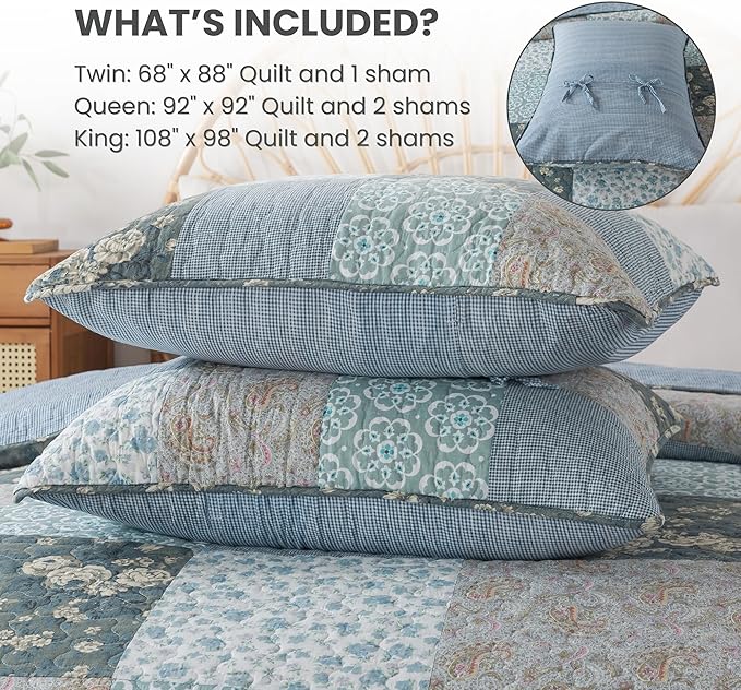 SLPR Wildflowers Cotton Quilt Set - Queen Size with 2 Shams, Blue Gray Floral Pieced Patchwork Design, Country Quilted Bedspread with Flower Pattern, Cottage Style Bedding for All Seasons