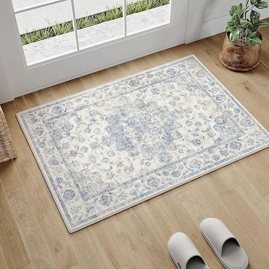 2x3 Washable Neutral Area Rug Blue Vintage Entryway Kitchen Carpet Non-Slip Soft Low Pile Floral Indoor Small Throw Rug for Bedroom Bathroom Entrance