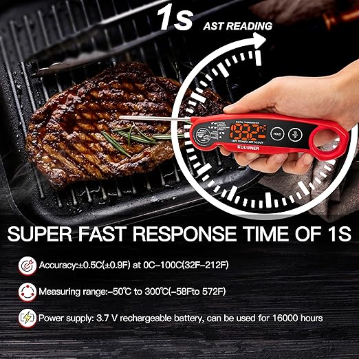 KULUNER 1-Second Rapid and Accurate Meat Thermometer - Waterproof Multifunctional Kitchen Food Thermometer, Ideal for Frying, Smoking, Grilling and More(Red)