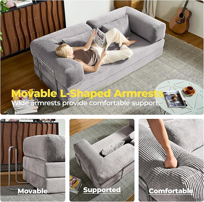 78 Inch Convertible Sofa Bed, Corduroy Boneless Couch with Fixed Frame and 4 Pillows, Modular Sectional Couch for Living Room Bedroom Studio Floor Bed Loveseat Sofa (Grey)