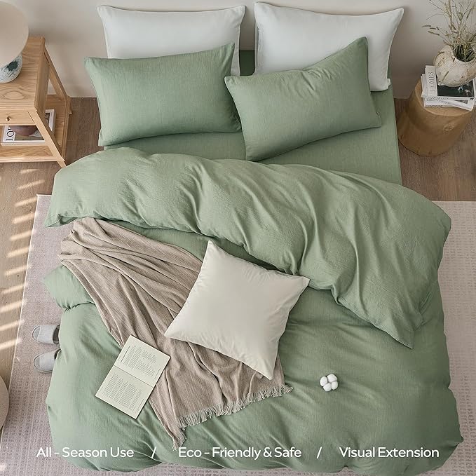 JELLYMONI Washed Cotton Duvet Cover Set Full Size, Sage Green - Super Soft & Breathable Bedding Comforter Cover with Zipper, for Modern Home, Guest Room, and Everyday Use,1 Duvet Cover & 2 Pillowcases