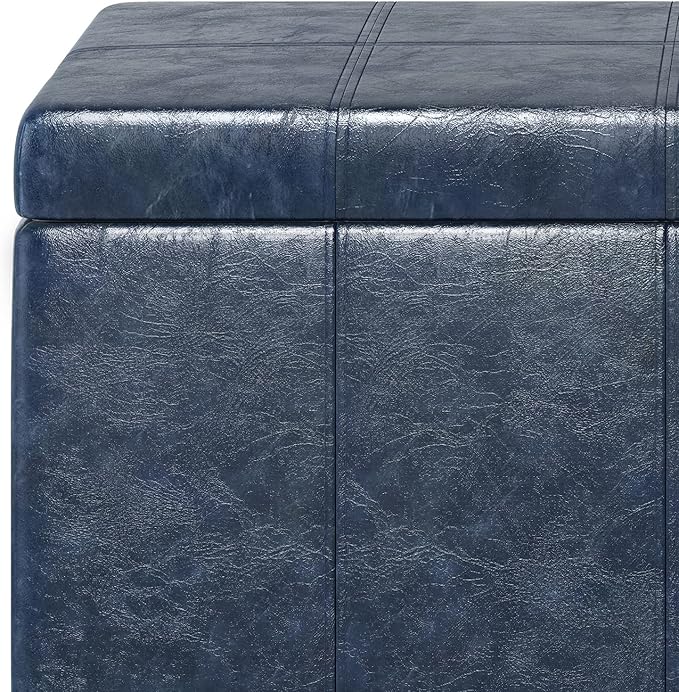 SIMPLIHOME Dover 36 inch Wide Contemporary Rectangle Storage Ottoman Bench in Denim Blue Vegan Faux Leather, Assembled, for the Living Room, Entryway and Family Room