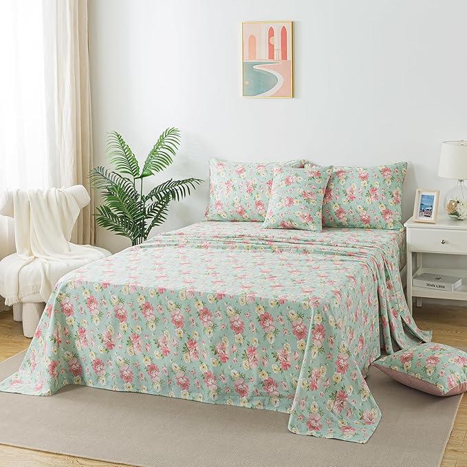 FADFAY Sheets Set Full Pink Rose Floral Shabby Yellow Peony Bed Sheet Set Vintage Farmhouse Cotton Soft Breathable With Deep Pocket Fitted Sheet 4Pcs, Full Size