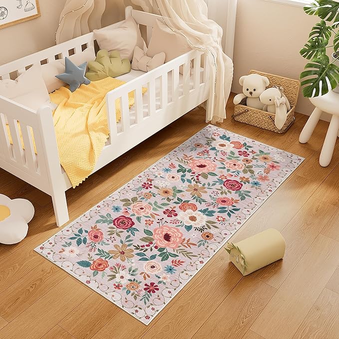 DUKINO 2x5 Runner Rug for Hallway, Washable Kitchen Floral Runner Rug with Non Slip Backing, Low Pile Soft Boho Carpet for Kitchen, Hallway, Entryway, Laundry, Bedroom, Beige
