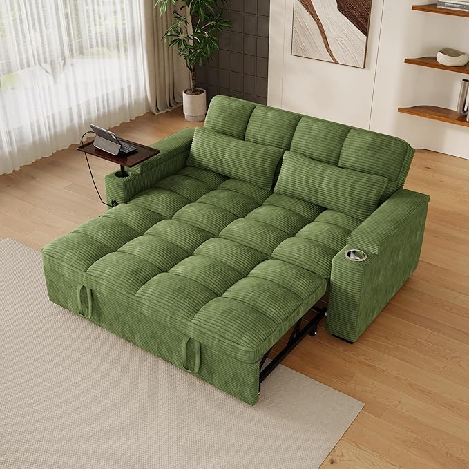 65" Sofa Bed, Loveseat 3-in-1 Sleeper Sofa with Pull Out Bed, 360° Swivel Side Table and USB, 2 Seater Convertible Small Couch for Living Room Apartment (Green, Corduroy)