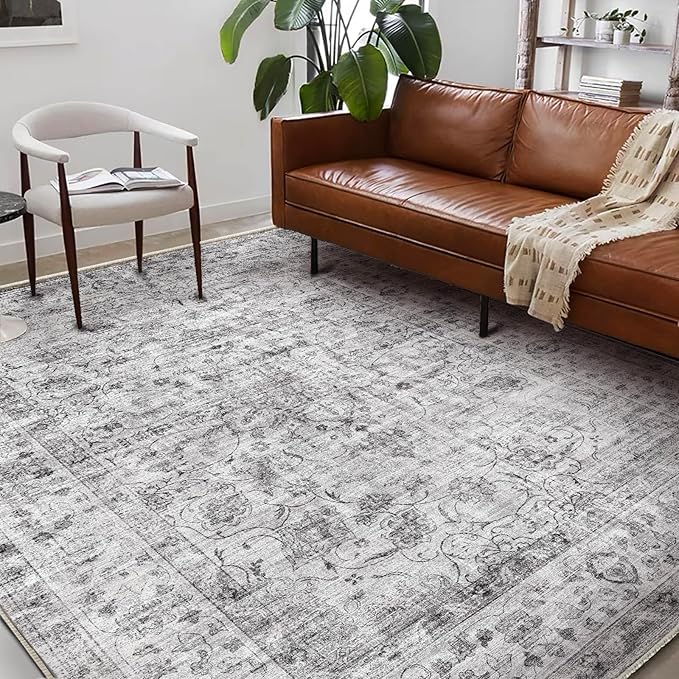 Washable Area Rug 9'x12' Retro Boho Design Non-Shedding Easy Care Ideal for High Traffic Areas in Living Room Bedroom Office Coffee Table Kitchen Large Carpet