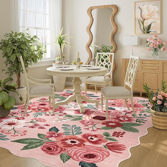 DUKINO 5x7 Area Rug, Floral Washable Rugs for Living Room with Non Slip Backing & Non-Shedding, Lightwight Low Pile Boho Design Large Carpets for Bedroom, Living Room, Dining Room, Pink