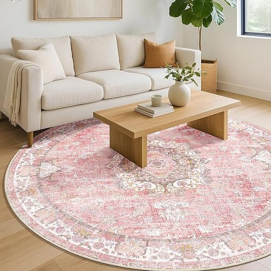 Pink Round Rug 6ft,Large Circle Area Rugs for Living Room Bedroom Dining Room,Washable Boho Vintage Bohemian Distressed Oriental Floral Carpet Non Slip,Blush Floral Flowers