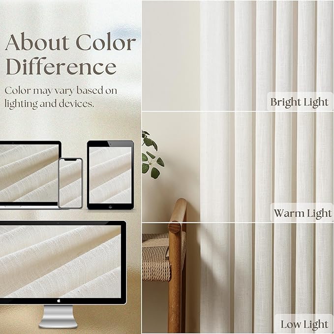 Cream Ivory Pinch Pleat Linen Short Curtains 54 Inch Long for Kitchen Pleated Hooks Rings Back Tab Light Filtering Boho Farmhouse Semi Sheer 54 Inch Curtain for Dining Room Bedroom Small Window