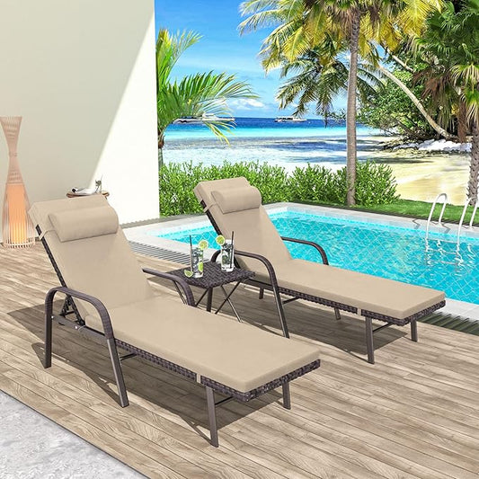 Patio Chaise Lounge Set 3 Pieces Pool Lounge Chairs,Cushioned Outdoor Folding Lounge Chair w/Arm and Rattan Adjustable Backrest for Poolside Porch,Folding Table Included,Sand