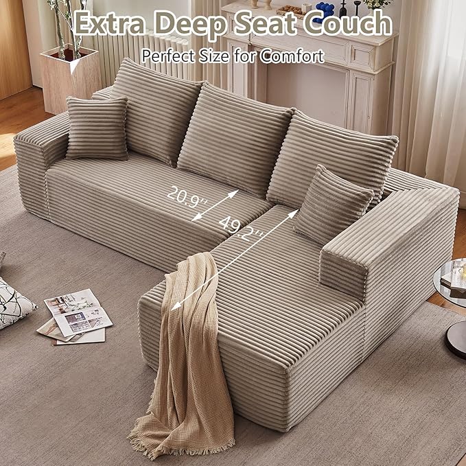 107" Cloud Sectional Couch with L-Shape Chaise, Modern Modular Comfy Sofa Chaise Longue, Upholstered Corduroy Couches Sleeper with Deep Seat for Living Room Bedroom, No Assembly Required, Camel