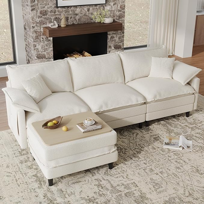 108" L Shaped Modular Sectional Cloud Couch with Ottoman, Snap-on Easy Installation 3 Seater Deep Seat Sofa with Storage Bag and Coffee Table for Living Room, Corduroy, Beige