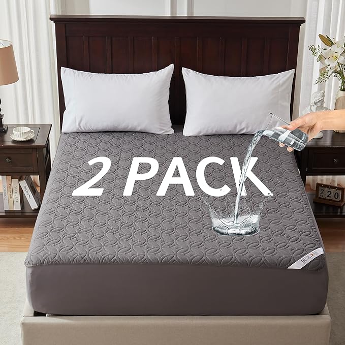 2 Pack Waterproof Mattress Protector, King Size Mattress Pad with Deep Pocket 6"-18" Depth, Soft Noiseless Dirt-Proof Bed Mattress Cover Washable for Home, Bedroom, Hotel (Gray)
