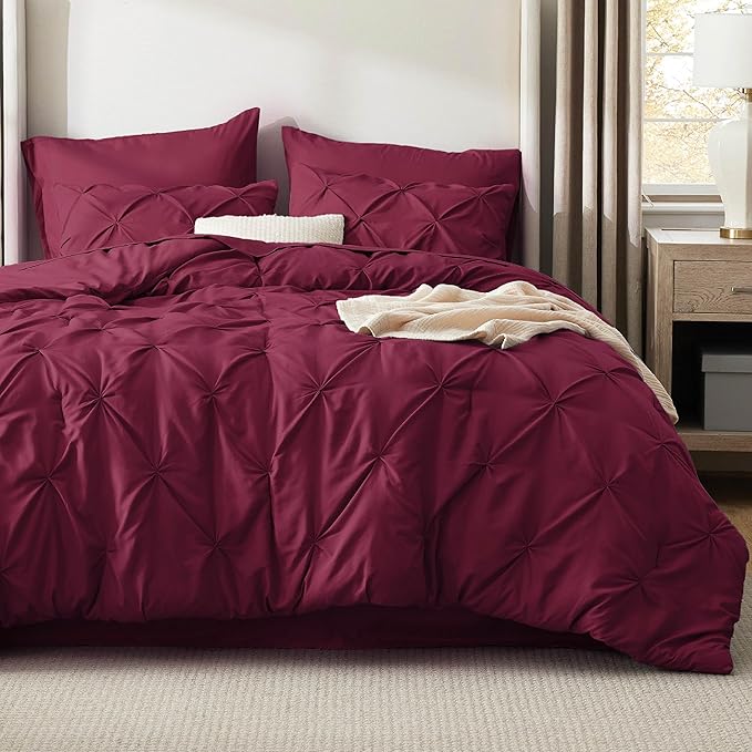 Bedsure Twin Comforter Set Burgundy - Bed in a Bag Twin Size Bedding 5 Pieces, GentleSoft™ Pintuck Bed Set Gift for Family, Pinch Pleat Burgundy Comforter with Sheets, Pillowcase & Sham