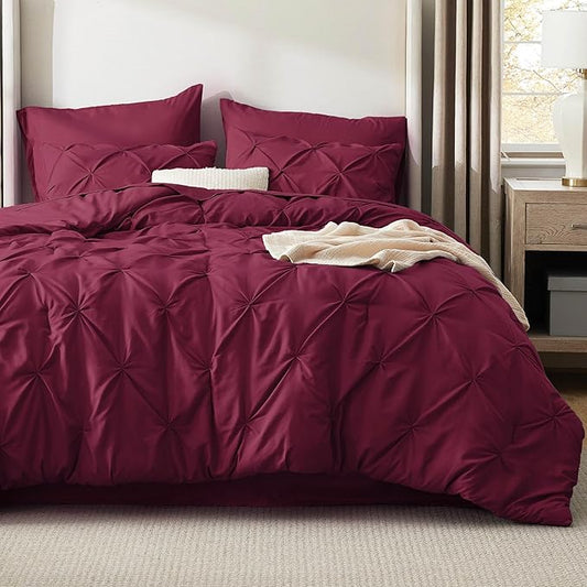 Bedsure Full Size Comforter Sets - Bedding Sets Full 7 Pieces, Pintuck Bed in a Bag Burgundy Bed Set with Comforter, Sheets, Pillowcases & Shams