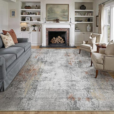 10x14 Washable Area Rug Grey Rust Abstract Living Room Bedroom Carpet Neutral Modern Non-Slip Soft Low Pile Lightweight Vacuumable Large Throw Rug for Dining Room